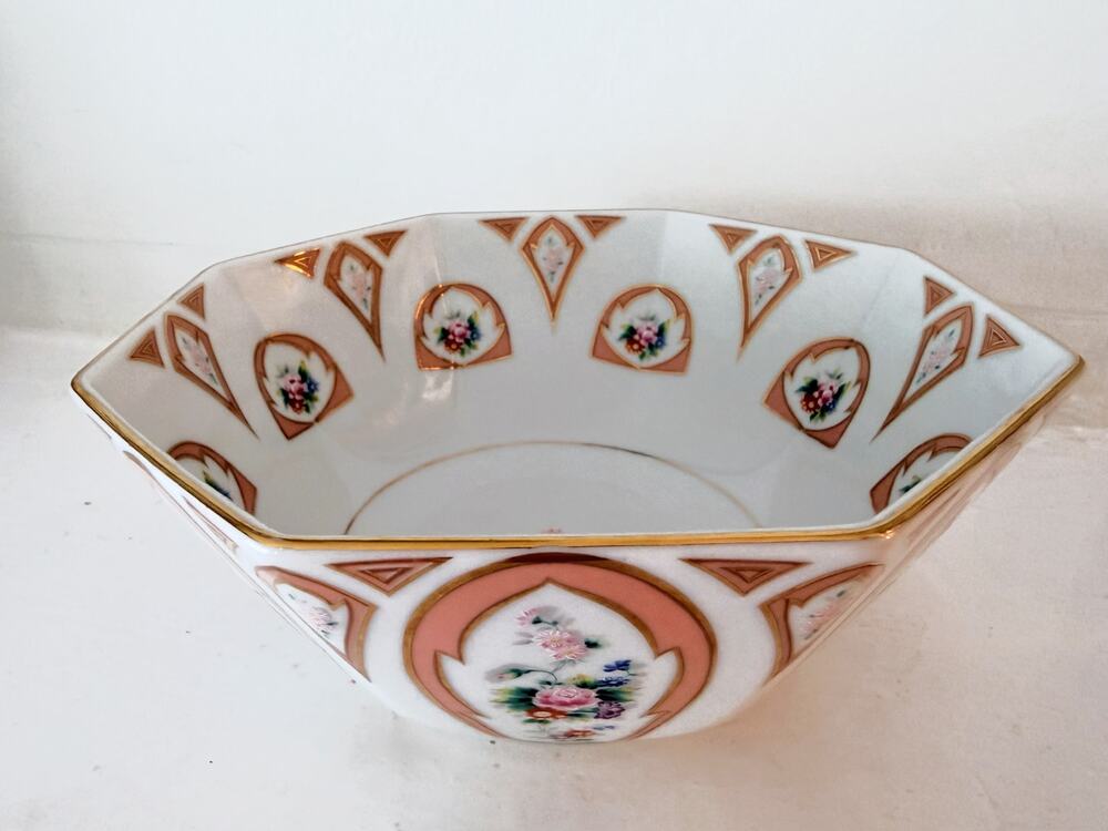 Lefton China Canton Rose Octagonal Bowl Hand Painted Japan Pink Floral Vintage